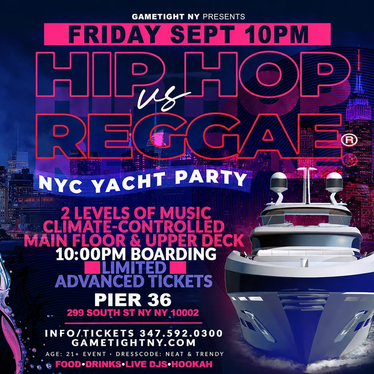 FRIDAY NYC HIP HOP VS. REGGAE® CRUISE PIER 36 MIDNIGHT YACHT PARTY CRUISE — event image