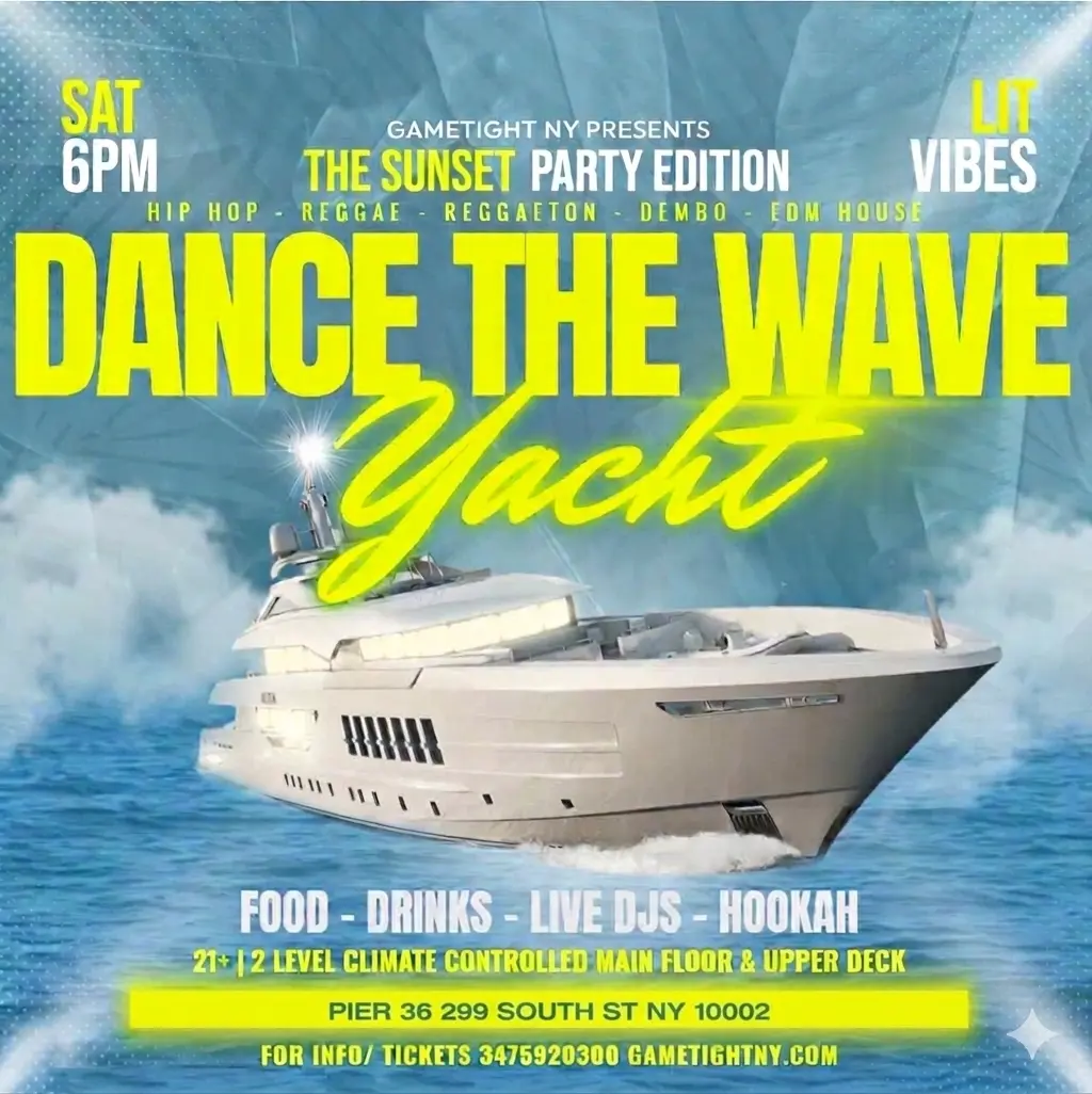 Imagem do evento NYC Dance the Wave Saturday Sunset Booze Cruise Yacht Party at Pier 36